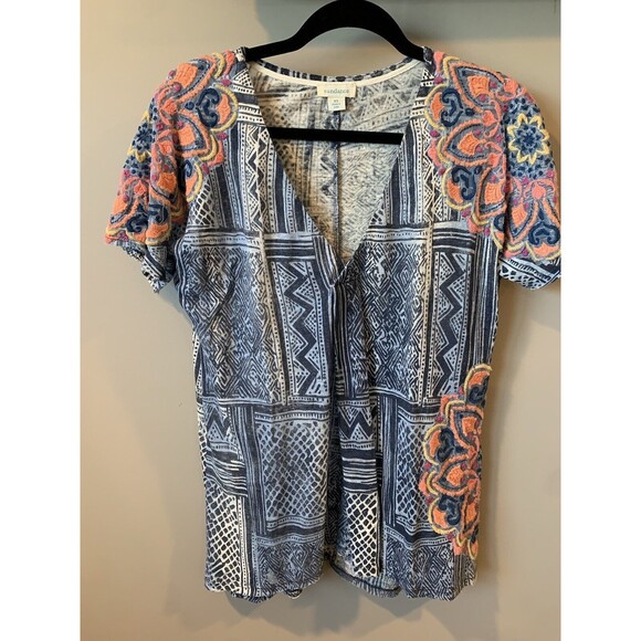 Sundance Boho 100% Linen Top Sz XS Short Sleeve V-neck Shirt Blue  Tapestries - Picture 1 of 10
